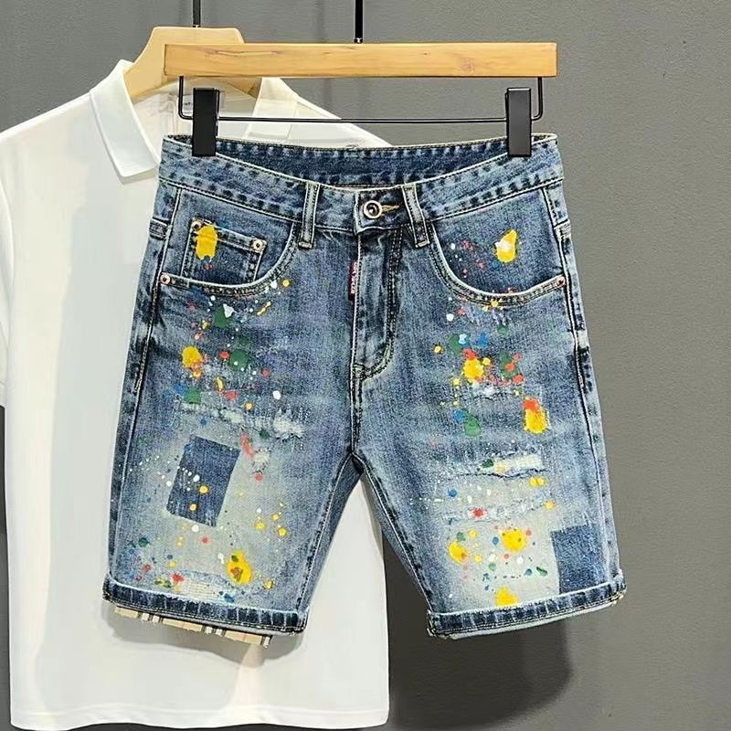 Men Fashion Jeans - กางเกงยีนส์สั้นผู้ชายกางเกง Graffiti Slim Blue Ripped กางเกงยีนส์ชายกางเกงขาสั้น
