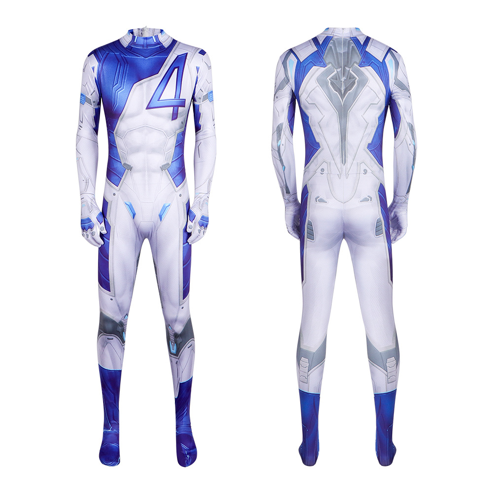 Mens Fashion Jumpsuit - ชุดคอสเพลย์ตัวละครเกม, ชุดบอดี้สูทพิมพ์ลายสีน้ำเงินขาว 4 ลาย, ชุดรัดรูปเต็มตัวสำหรับผู้ชาย, ชุดคอสเพลย์สำหรับงานปาร์ตี้ฮาโลวีนสำหรับผู้ใหญ่