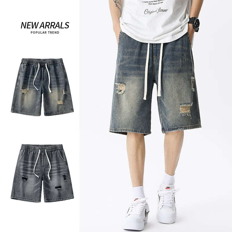 Men Fashion Jeans - เสื้อผ้าแนวสตรีทเรโทรของผู้ชาย celana pendek DENIM บางฤดูร้อนกางเกงยีนส์ชายขาสั้นยืดตรงหลวมสีฟ้าสีเทา