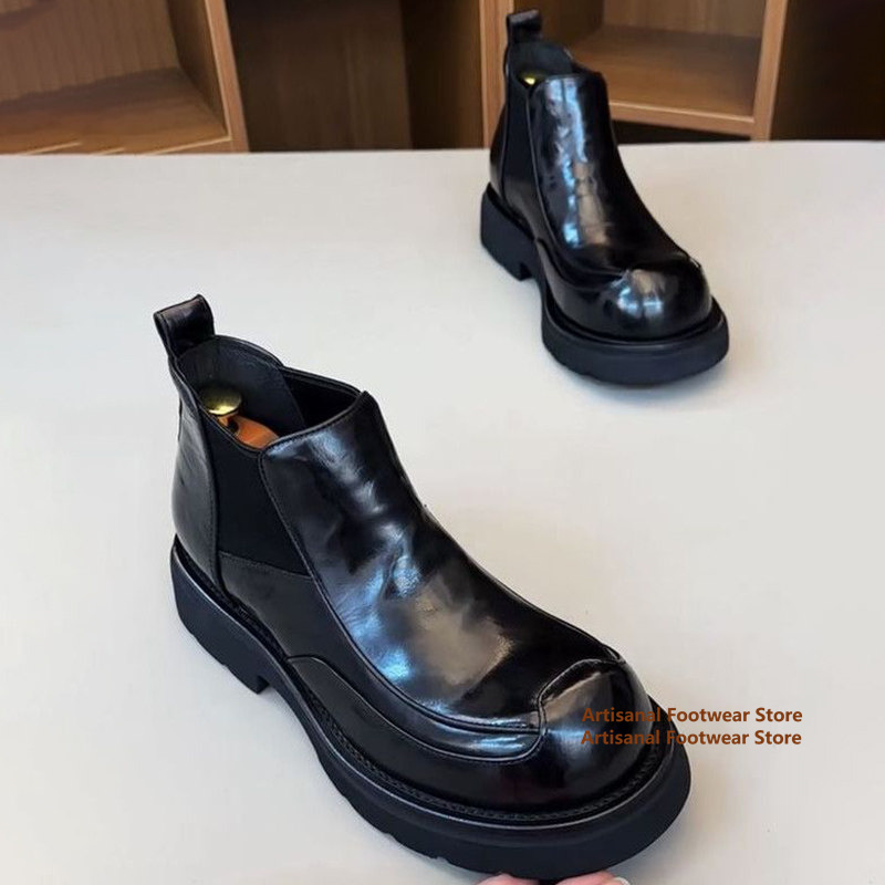 Chelsea Boots Men - รองเท้าบูทเชลซีหนังสีดำเงาสำหรับผู้ชาย แบบสวมพร้อมแถบยางยืด หัวมน รองเท้าบูทข้อสั้น ทันสมัยสำหรับฤดูใบไม้ร่วง/ฤดูหนาว