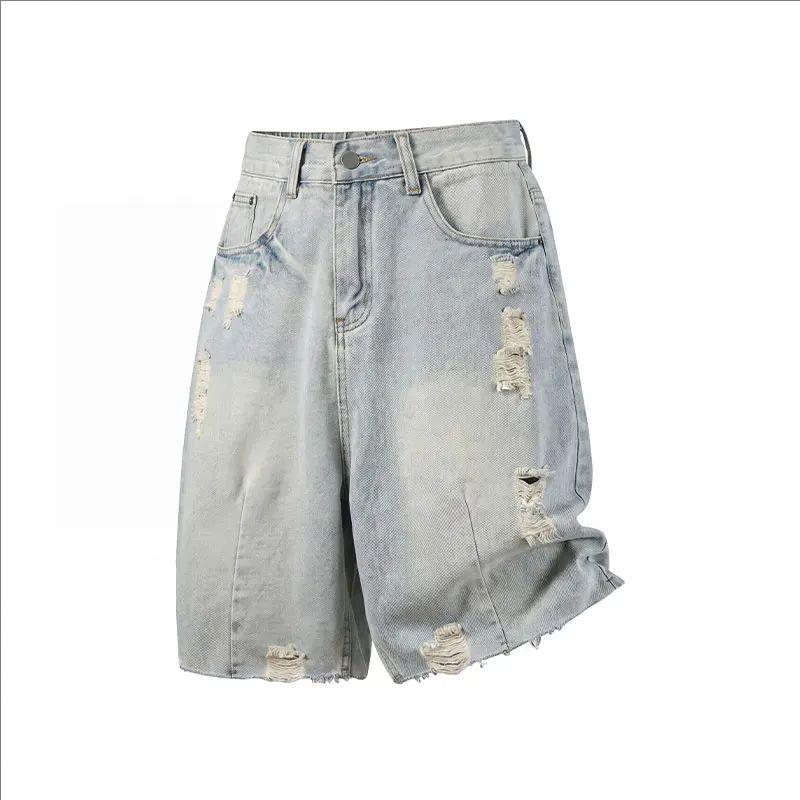 Men'S Fashion Jeans - กางเกงยีนส์ขาสั้นลำลองผู้ชายสำหรับฤดูร้อน เอวสูงปานกลาง ทรงหลวม แฟชั่น ความยาวระดับเข่า ขาดๆ