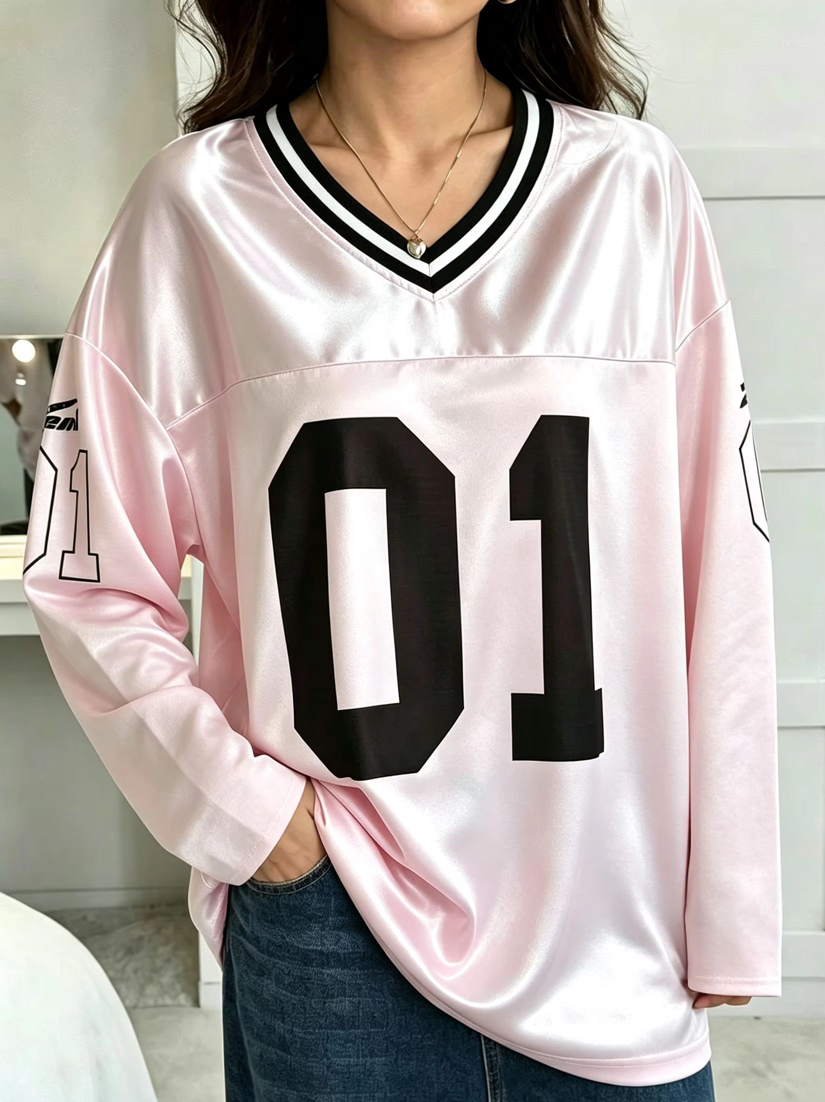 Men'S Fashion Tips - เสื้อยืดแขนยาวผู้ชายผู้หญิงสไตล์วินเทจ ทรงโอเวอร์ไซส์ พิมพ์ลายเลข 01 คอวี แฟชั่นสปอร์ต