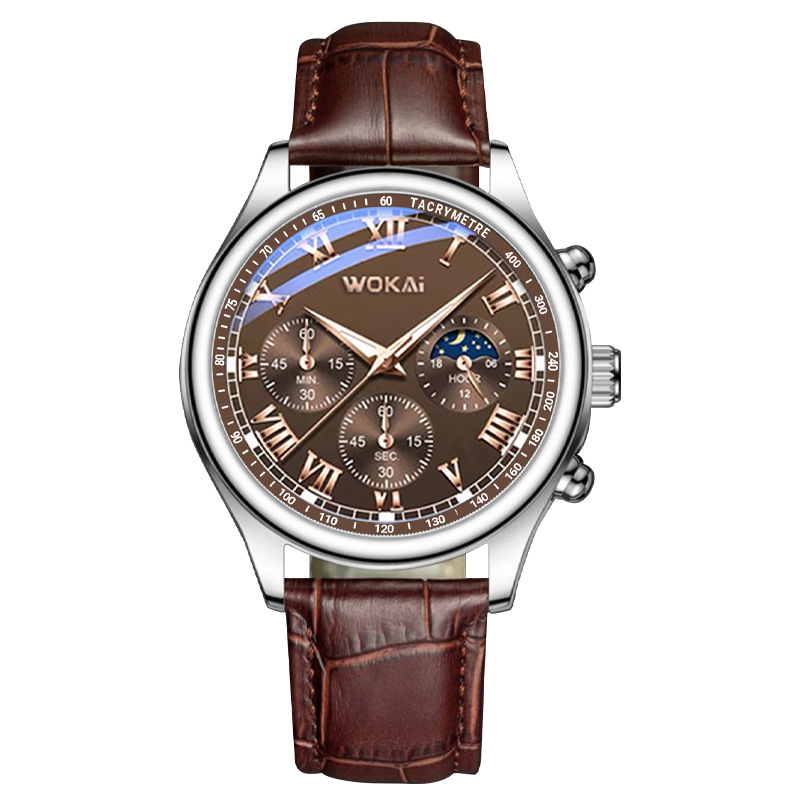 Men'S Fashion Quartz Watch Wokai - 2023นาฬิกาผู้ชายสีน้ำตาลสายหนังลำลองนาฬิกาควอตซ์นาฬิกาข้อมือบุรุษราคาถูกดร็อปชิป