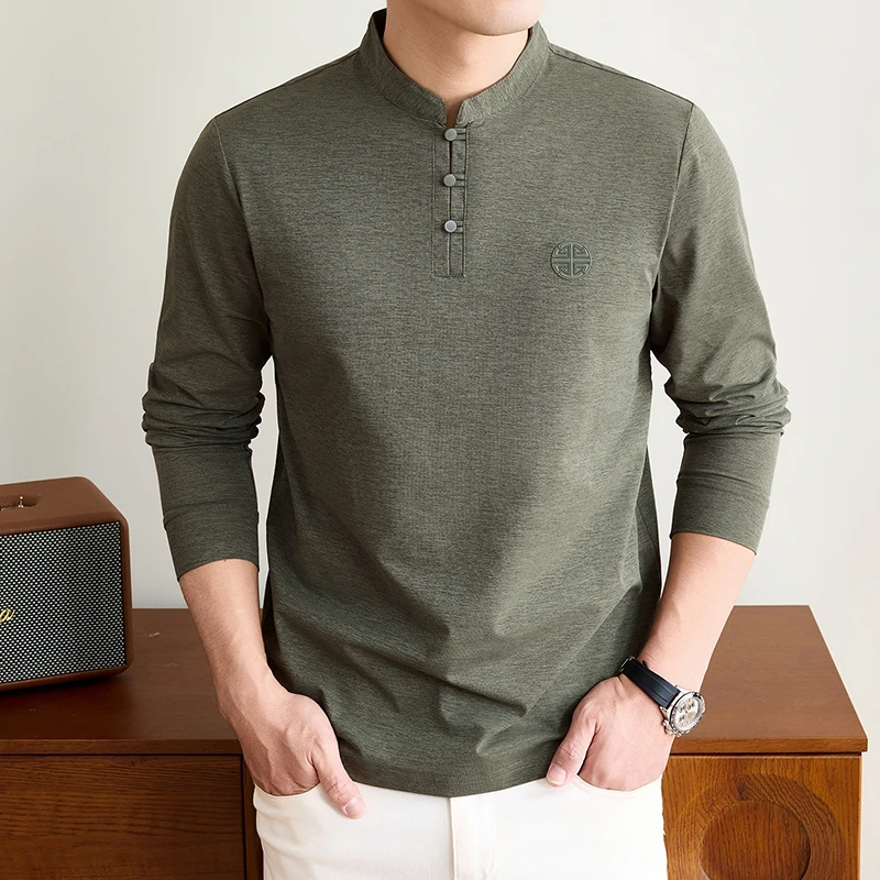 Men'S Fashion Tips - เสื้อยืดแขนยาวคอจีนสำหรับผู้ชาย ดีไซน์กระดุมแบบดั้งเดิม มีตราสัญลักษณ์ที่หน้าอก เนื้อผ้าเรียบลื่น ยืดหยุ่น ใส่สบาย