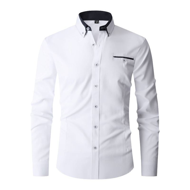 Men'S Fashion Formal - เสื้อเชิ้ตผู้ชายแขนยาวสีพื้น ผ้ากันยับ แฟชั่นลำลองสไตล์ธุรกิจ สำหรับใส่ทำงานหรือโอกาสต่างๆ มีกระเป๋าเสื้อ สีขาว