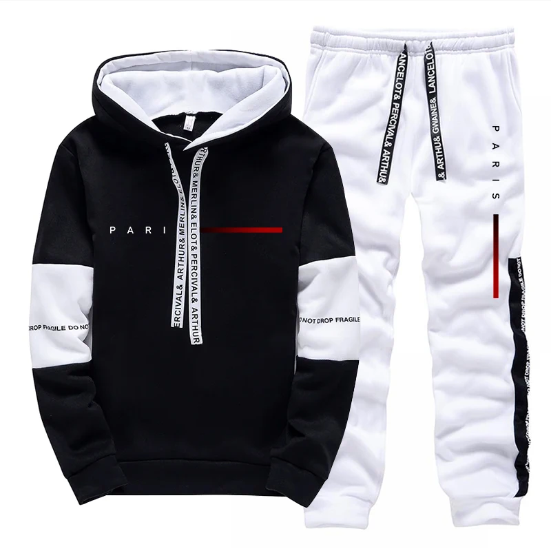 Jogger Sweatpants Men - ชุดฮู้ดดี้แฟชั่นสไตล์ปารีสสำหรับผู้ชาย เสื้อฮู้ดและกางเกงขายาวลำลอง ใส่ได้ทุกฤดู เหมาะสำหรับใส่ในชีวิตประจำวัน ออกกำลังกาย หรือเล่นกีฬา