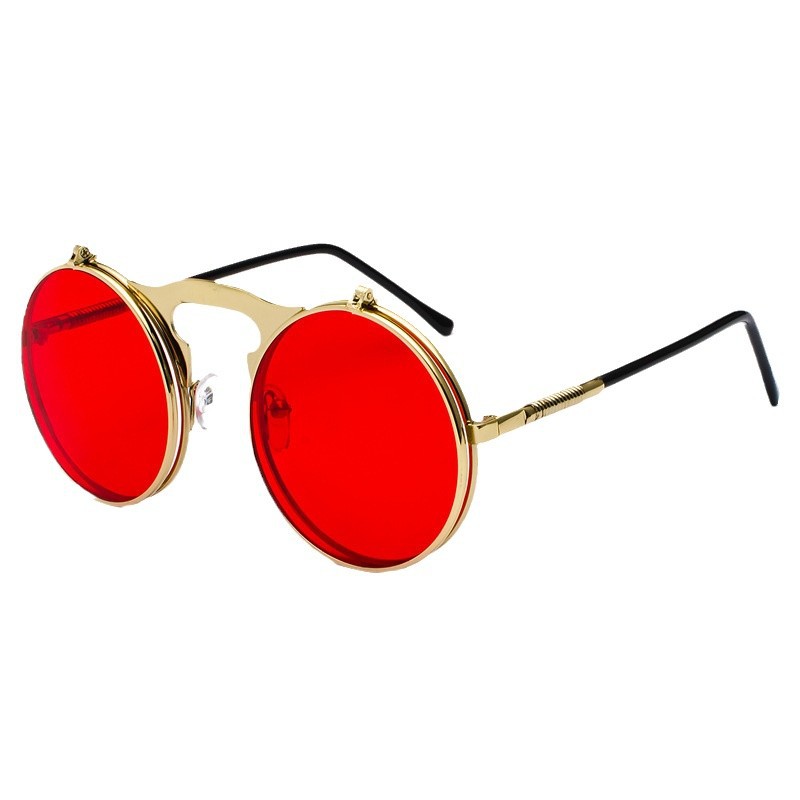 Men'S Fashion Round Glasses - เรโทรสตีมพังค์แว่นกันแดดทรงกลมสีแดงสำหรับผู้ชายผู้หญิงกรอบโลหะสีทองโกธิคพังค์แฟชั่นแว่นตาสำหรับปาร์ตี้คอสเพลย์
