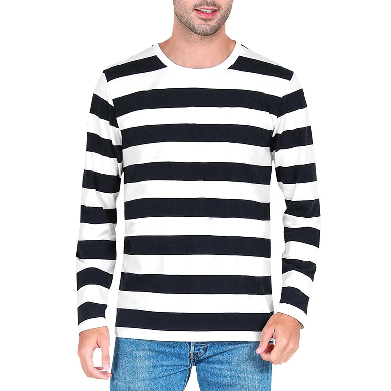 Men'S Fashion Tips - เสื้อยืดแขนยาวผู้ชายพิมพ์ลาย 3 มิติ ลายทางตัดกัน แฟชั่นลำลอง คอกลม