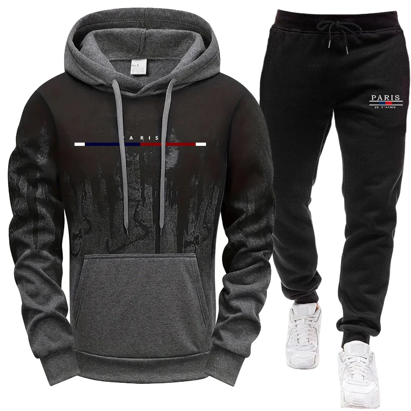 Jogger Sweatpants Men - ชุดผู้ชาย/เสื้อฮู้ด/กางเกง ชุดสเวตเชิ้ตมีฮู้ดและกางเกงสเวตแพนท์สำหรับฤดูใบไม้ร่วงและฤดูหนาว ชุดกีฬาสำหรับกิจกรรมกลางแจ้ง แฟชั่นลำลองสไตล์ปารีส ชุดกีฬา