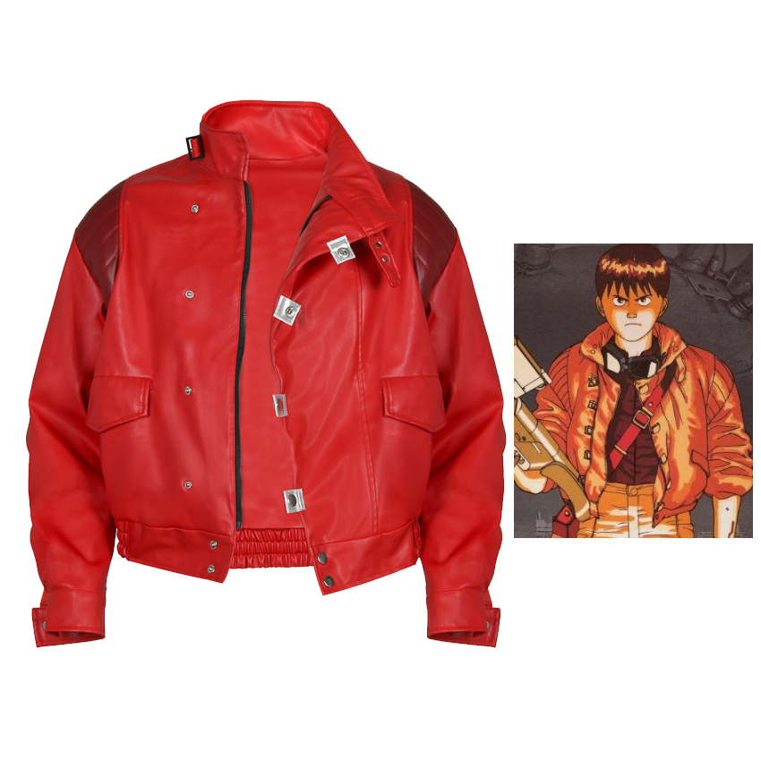 Bomber Jacket Men - เสื้อแจ็คเก็ตคอสเพลย์อากิระ คานเดะ สีแดง เสื้อโค้ทผู้ชาย พิมพ์ลายแคปซูลพิลล์ แจ็คเก็ตนักขี่มอเตอร์ไซค์หนัง