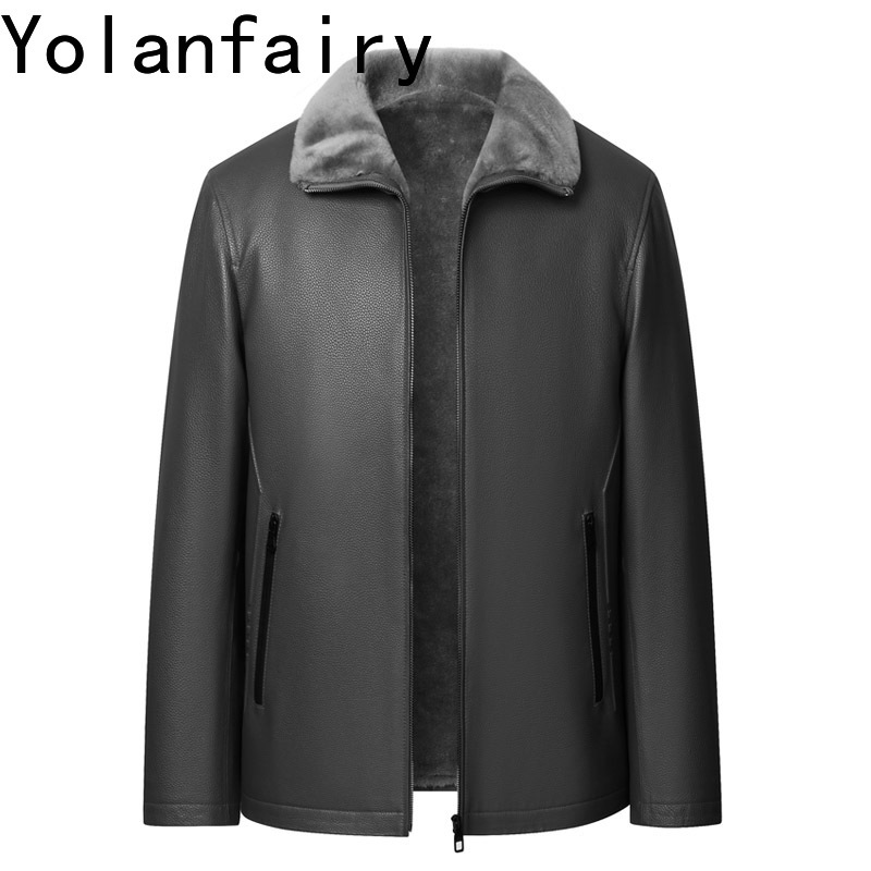 Men'S Fashion Leather Jacket - YOLANFAIRY แจ็คเก็ตหนังวัวแท้ระดับไฮเอนด์สำหรับผู้ชาย แจ็คเก็ตบุขนแกะให้ความอบอุ่นสำหรับฤดูใบไม้ร่วงและฤดูหนาว แฟชั่นเสื้อโค้ทขนสัตว์แท้ chaqueta