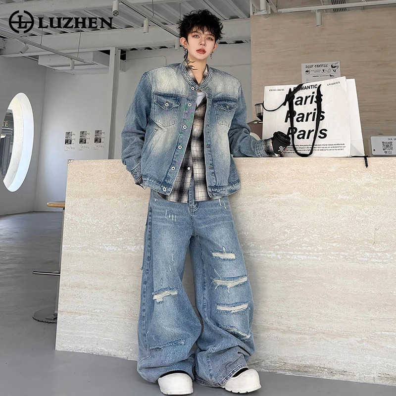 Men Fashion Jeans - LUZHEN 2026 ชุดเซ็ตสองชิ้นผ้าเดนิมวินเทจล้างสีสำหรับฤดูใบไม้ร่วง แฟชั่นผู้ชาย เท่ห์ หลวม