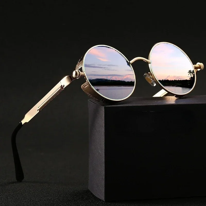 Men'S Fashion Round Glasses - แว่นกันแดดสไตล์สตีมพังค์คลาสสิกสำหรับผู้ชายและผู้หญิง แว่นกันแดดทรงกลมย้อนยุค กรอบโลหะ แว่นตาป้องกันรังสียูวี 400