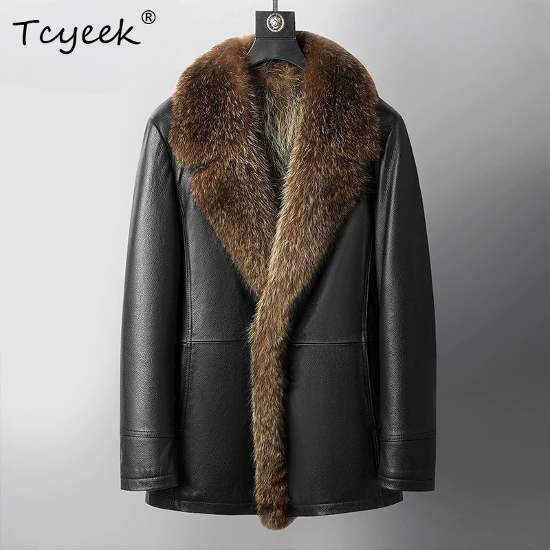Men'S Fashion Leather Jacket - เสื้อโค้ทขนแรคคูนแท้ Tcyeek สำหรับผู้ชาย แฟชั่นเสื้อแจ็คเก็ตหนังลูกวัวแท้สำหรับผู้ชาย เสื้อโค้ทฤดูหนาวความยาวปานกลาง ทรงเข้ารูป