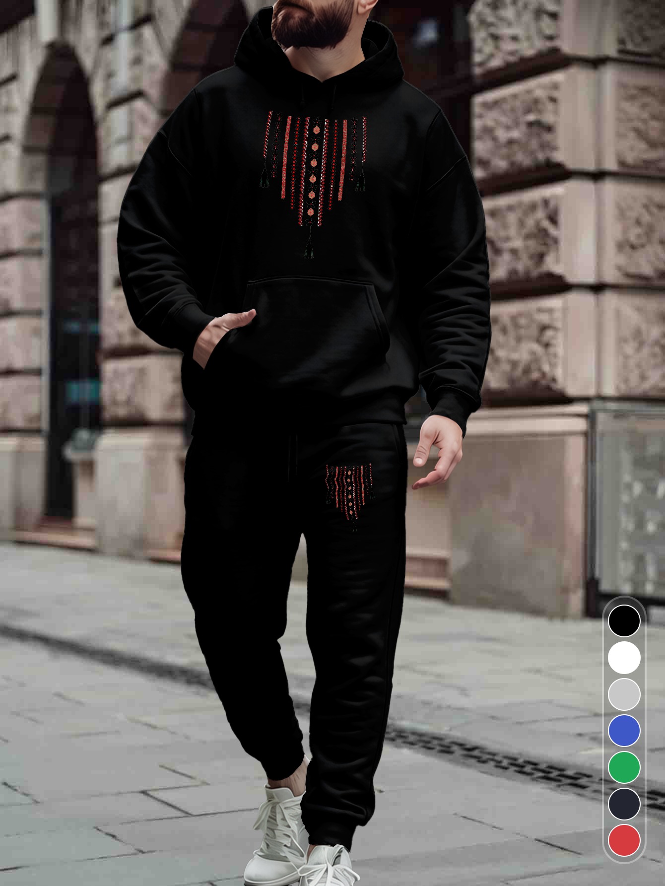 Jogger Sweatpants Men - ชุดเซ็ตแทรคสูทผู้ชาย 2 ชิ้น ลายเรขาคณิตสไตล์พื้นเมืองทันสมัย เสื้อฮู้ดดี้และกางเกงจ็อกเกอร์ ตกแต่งพู่
