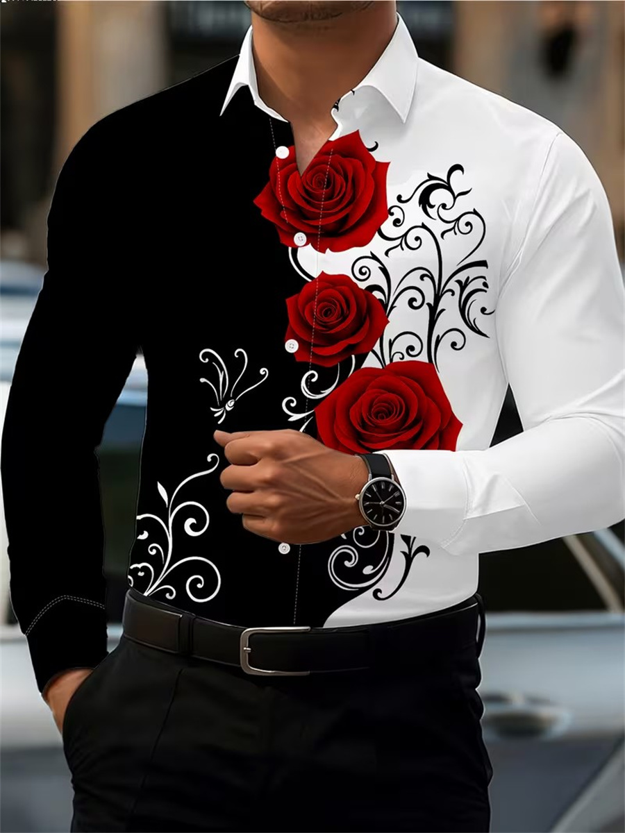 Men'S Fashion Tips - เสื้อเชิ้ตแขนยาวพิมพ์ลายดอกกุหลาบสีแดงสำหรับผู้ชาย ทันสมัยและลำลอง