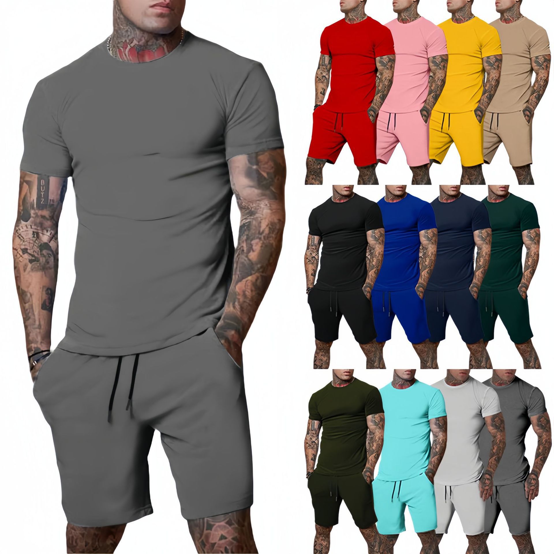 Men'S Fashion Formal - ชุดกีฬากลางแจ้งฤดูร้อนที่ทันสมัยและสบายๆ เสื้อยืดระบายอากาศของผู้ชาย กางเกงขาสั้น ชุดลำลองและทันสมัยแบบสองชิ้น