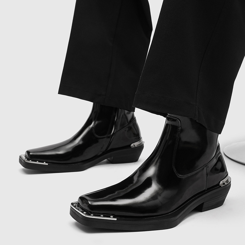Chelsea Boots Men - รองเท้าบูทเชลซีสไตล์พังก์ร็อกสำหรับผู้ชาย แบรนด์ดีไซเนอร์อิตาลี ทำจากหนังแก้ว หัวเหลี่ยม สไตล์คาวบอย รองเท้าบูทข้อเท้าเท่ๆ