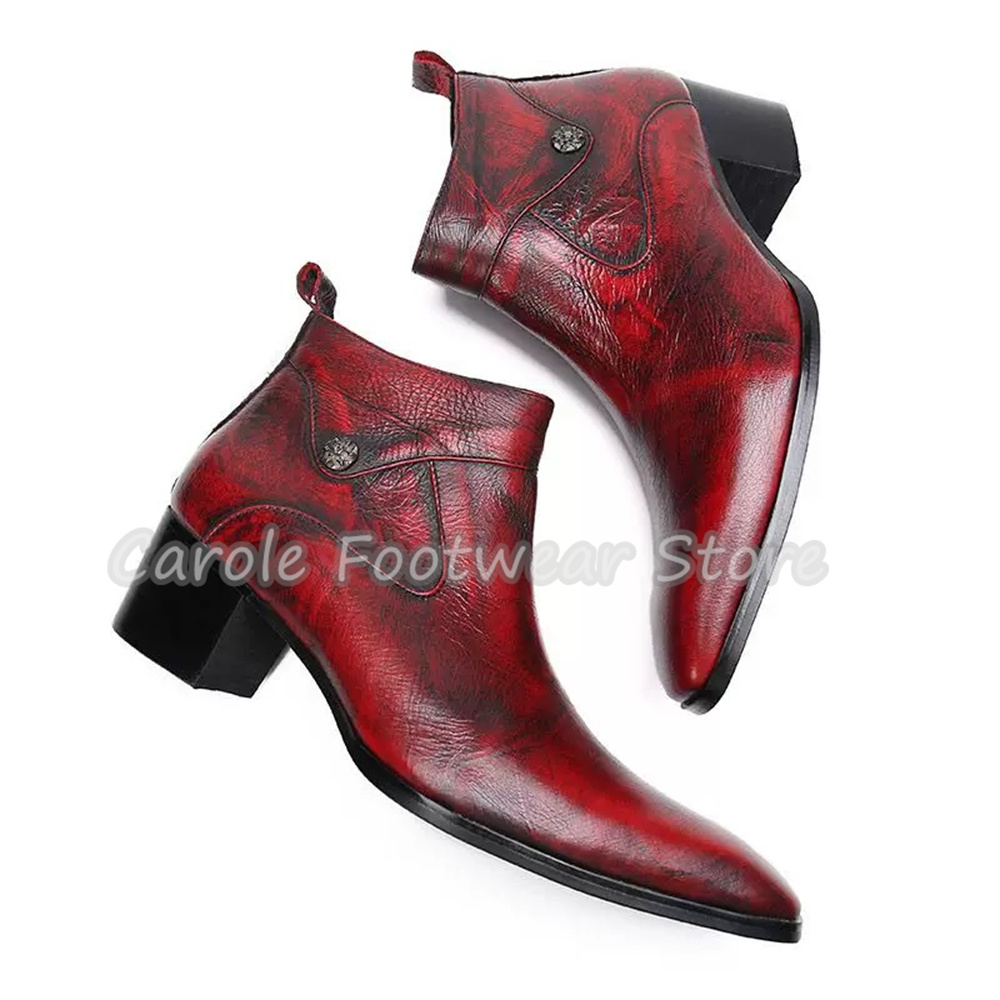 Chelsea Boots Men - รองเท้าบูทข้อสั้นหนังแท้ทรงวินเทจหัวเหลี่ยมสำหรับผู้ชาย ส้นหนาทรงเชลซี พร้อมซิปด้านข้าง เพิ่มความสูง