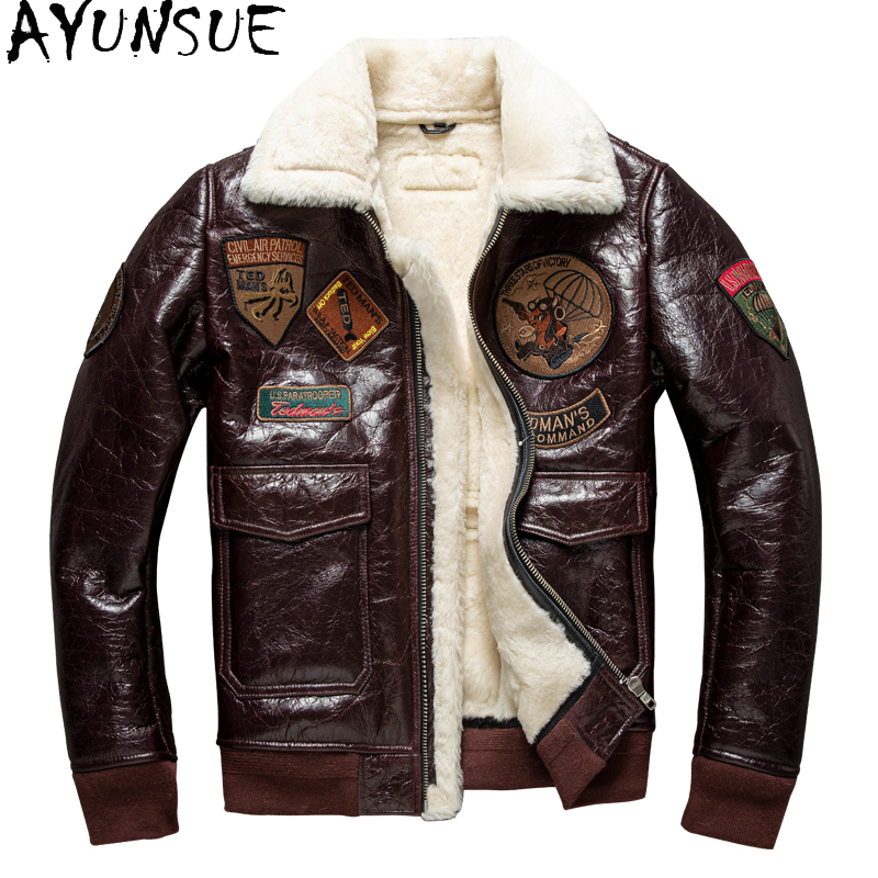 Bomber Jacket Men - AYUNSUE ฤดูหนาวแจ็คเก็ตหนังผู้ชายเสื้อผ้าหนาเสื้อแจ็คเก็ตขนสัตว์หนังแกะธรรมชาติบุรุษเสื้อผ้าผ้าขนสัตว์ Муж