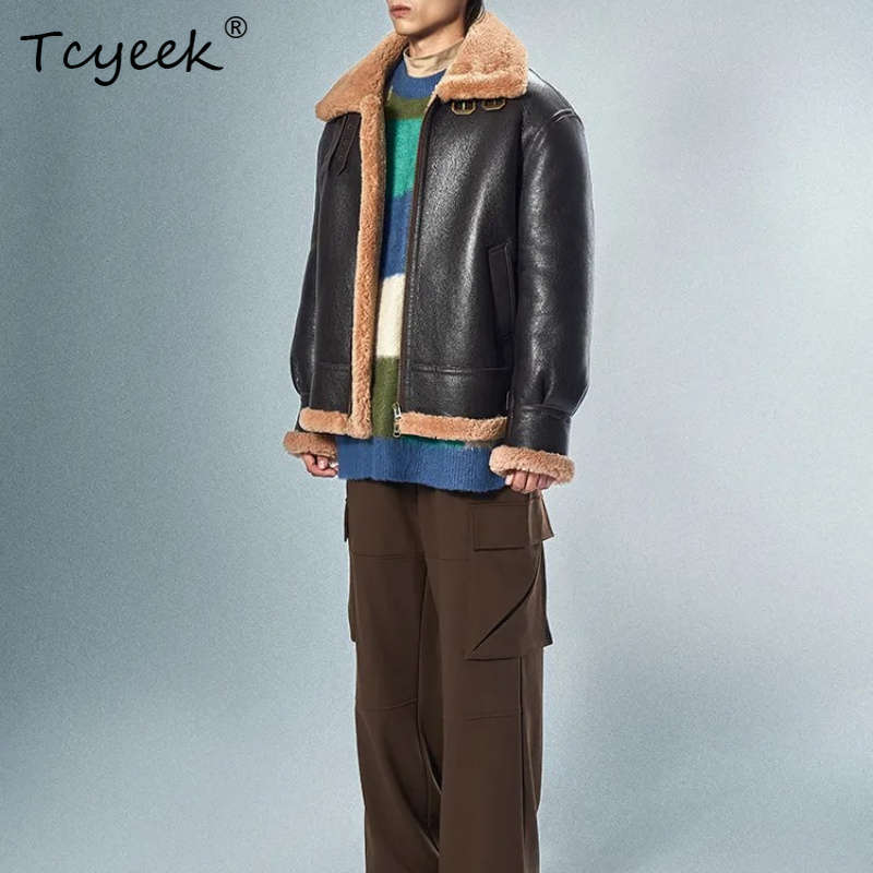 Men'S Fashion Leather Jacket - เสื้อโค้ทขนแกะเมอริโนแท้ Tcyeek สำหรับผู้ชาย สีน้ำตาล แจ็คเก็ตหนังแท้ เสื้อโค้ทขนสัตว์แท้สำหรับผู้ชาย