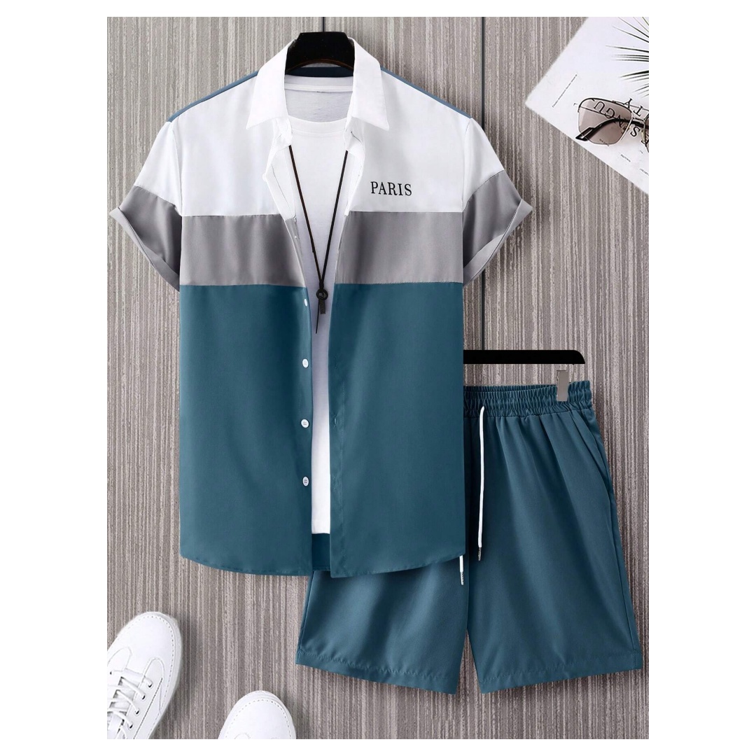 Men'S Fashion Formal - ชุดแฟชั่นผู้ชาย สีน้ำเงินและขาว ลายปะติดปะต่อ เสื้อเชิ้ตแขนสั้นปกปกติ กระดุมแถวเดียว และกางเกงขาสั้น