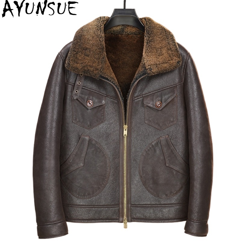 Men'S Fashion Leather Jacket - AYUNSUE เสื้อโค้ทขนสัตว์ธรรมชาติ 100% สำหรับผู้ชาย ระดับไฮเอนด์ สำหรับฤดูหนาว