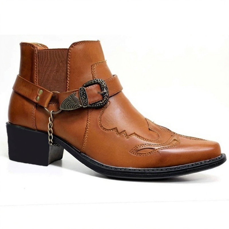 Men Fashion Vintage - รองเท้าบูทคาวบอยสไตล์วินเทจสำหรับผู้ชาย เหมาะสำหรับฤดูใบไม้ร่วง ทำจากหนังแท้ ดีไซน์หุ้มข้อสูง มีสายโซ่และตัวล็อคแบบพังก์ หัวแหลม