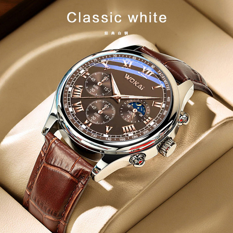 2023นาฬิกาผู้ชายสีน้ำตาลสายหนั - Men'S Fashion Quartz Watch Wokai บทวิจารณ์และราคา